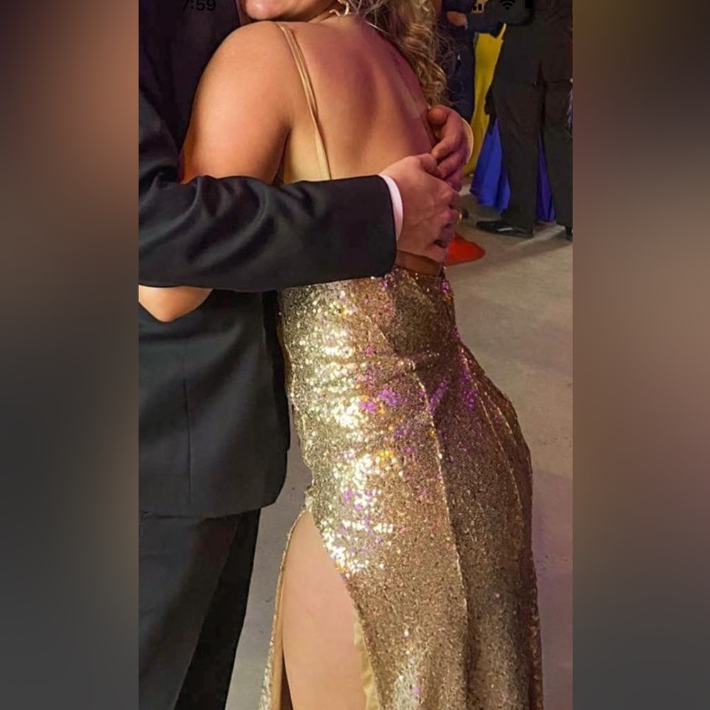 Gold sequin dress, open back, great quality